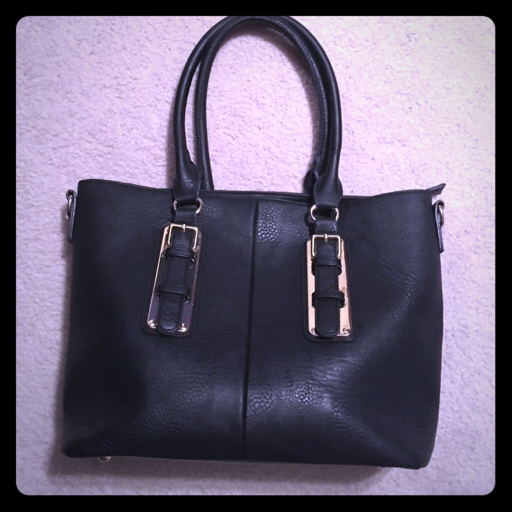 Charming Charlie Black Tote Gold Buckle Large
