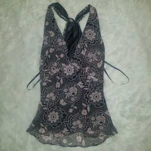 Silk racerback top, pink & black floral