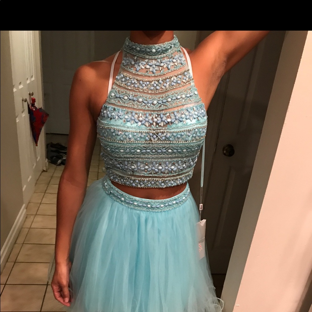 A aqua blue homecoming dress