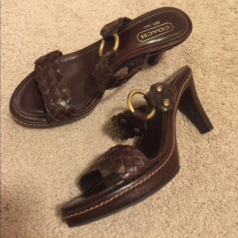 Coach Phebe Heeled Sandal Brown Woven Leather