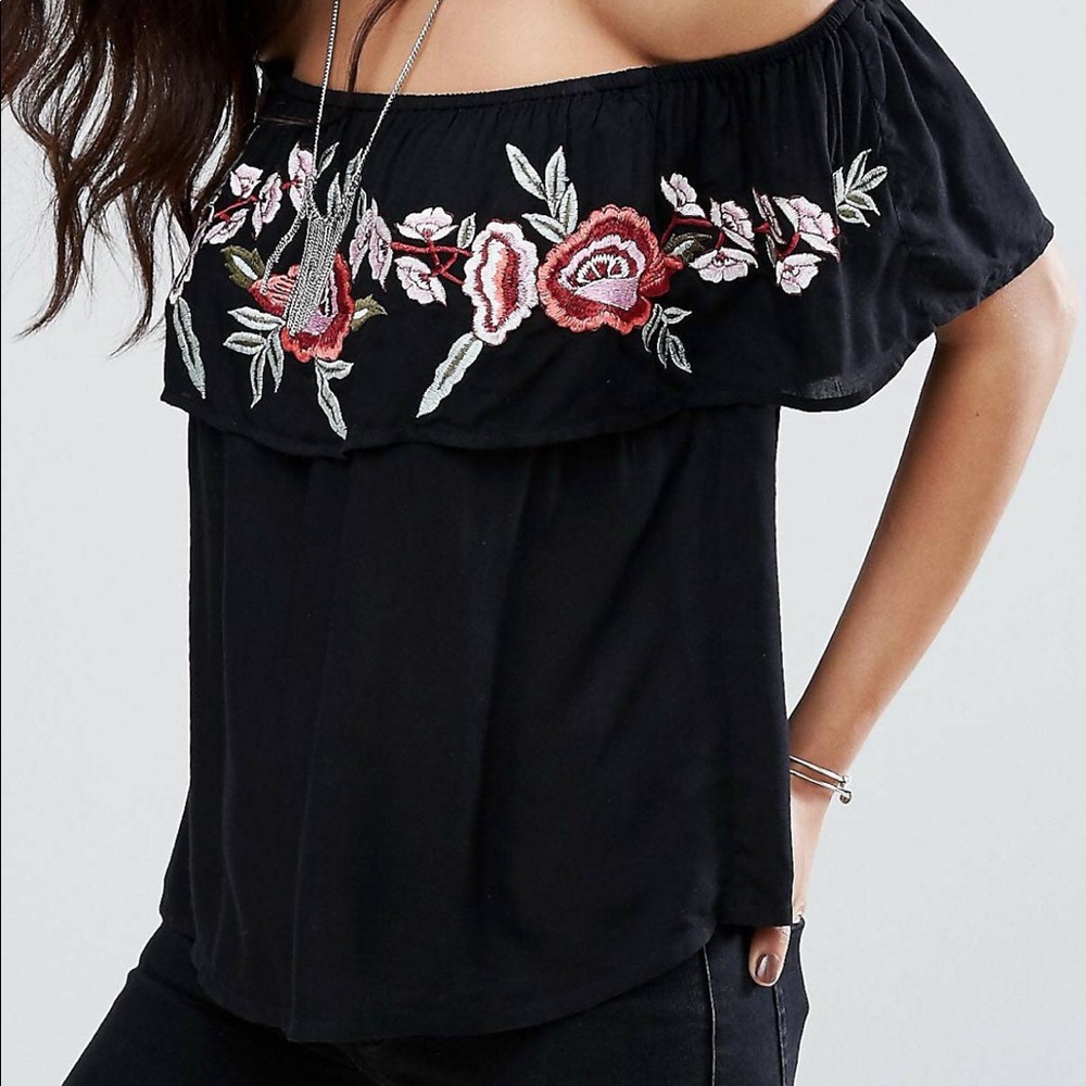 ASOS Boohoo Frill Embroidered Off the Shoulder Top