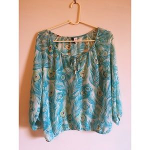 H & M Peacock feathers Sheer Turquoise Blouse Top