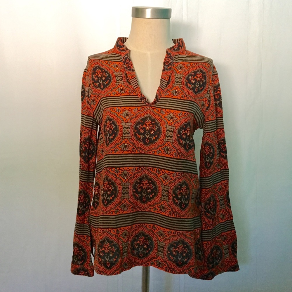 Tory Burch V Neck Orange Printed Long Sleeve Tunic