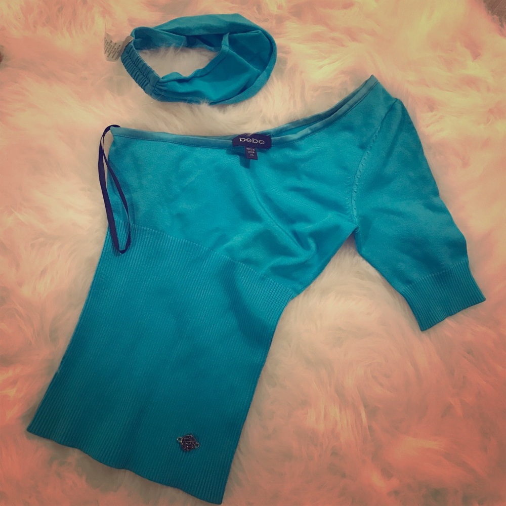 one shoulder turquoise bebe top w/ headband