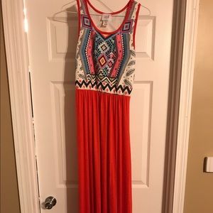 Coral and Aztec Print Maxi Dress