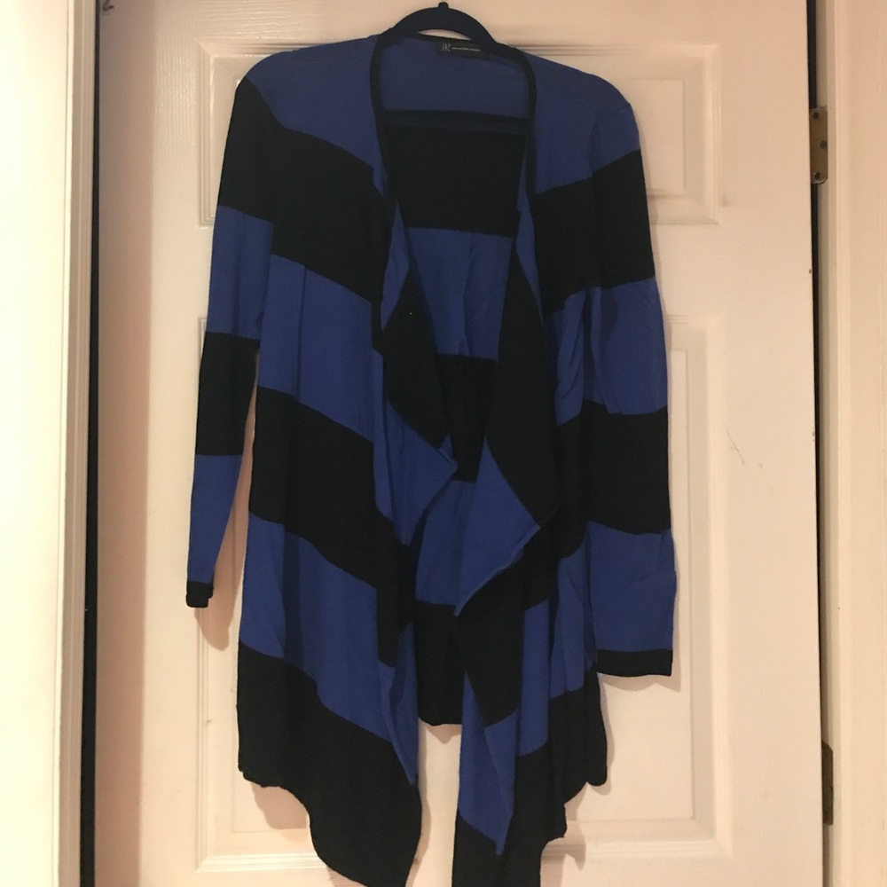 Blue and black striped cardigan.