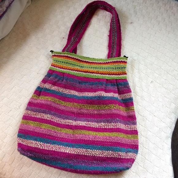 Magenta Striped Boho Hemp Shoulder Bag - Picture 2 of 4