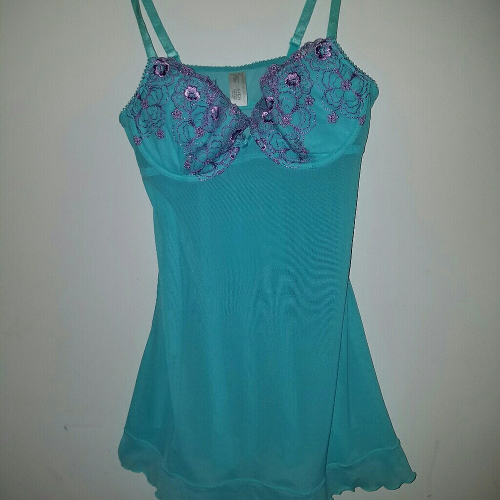 Teal Ambrielle sheer nighty with embroidery