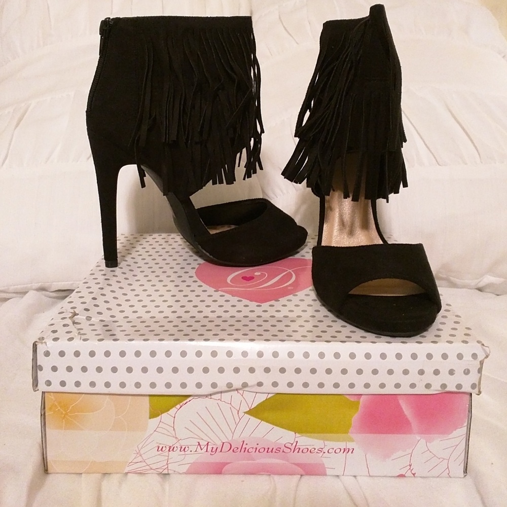 Black Fringe Heels