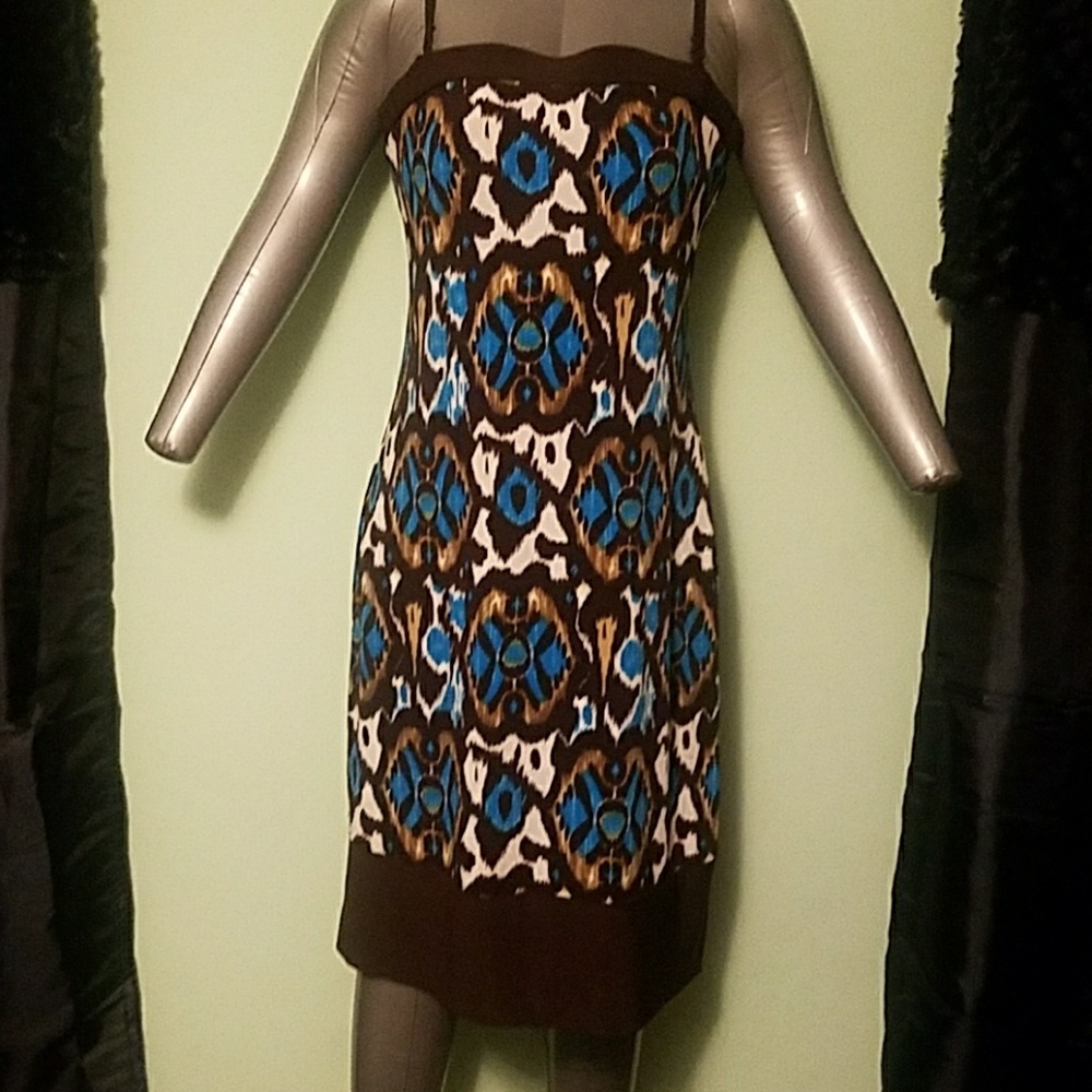 Go to Mercari Strapless Brown, Blue, White Dress