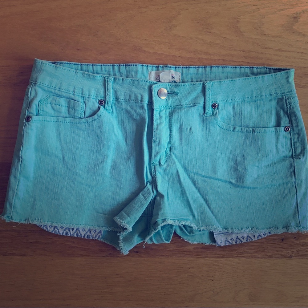 Mint Green Denim Shorts with Tribal Print Pockets