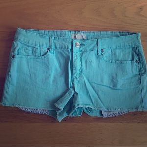 Mint Green Denim Shorts with Tribal Print Pockets