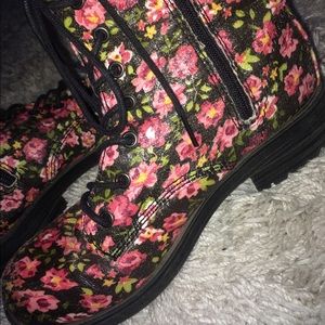 Pink and black floral combat boots