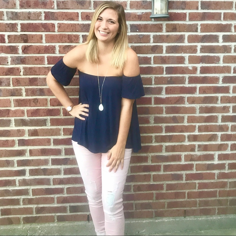 Navy Off the Shoulder Top - Picture 1 of 3