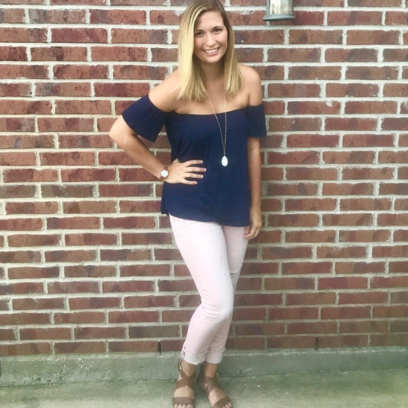 Navy Off the Shoulder Top - Picture 2 of 3