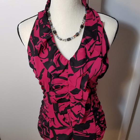 Express Halter Razor Back Ruffled Pink & Black Top - Picture 5 of 8