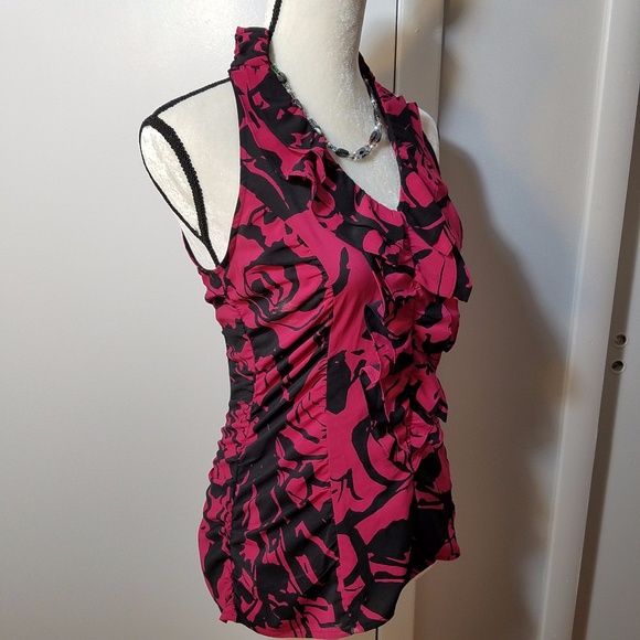 Express Halter Razor Back Ruffled Pink & Black Top - Picture 2 of 8