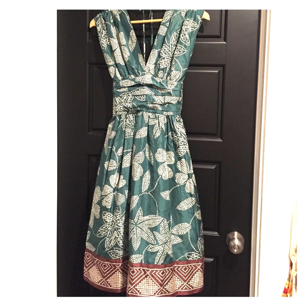 BCBGMaxazria teal and brown fit and flare dress