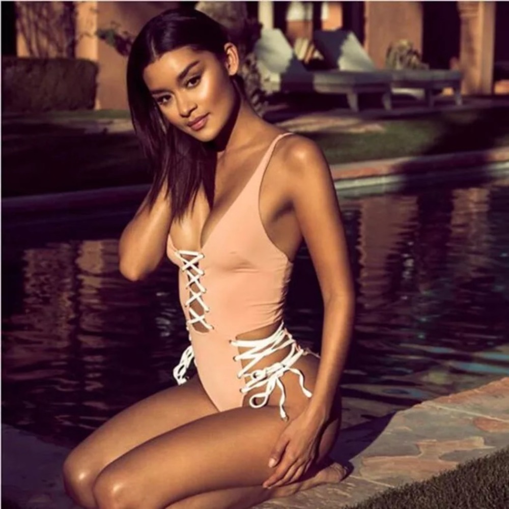 Peach lace up one piece swim high leg
