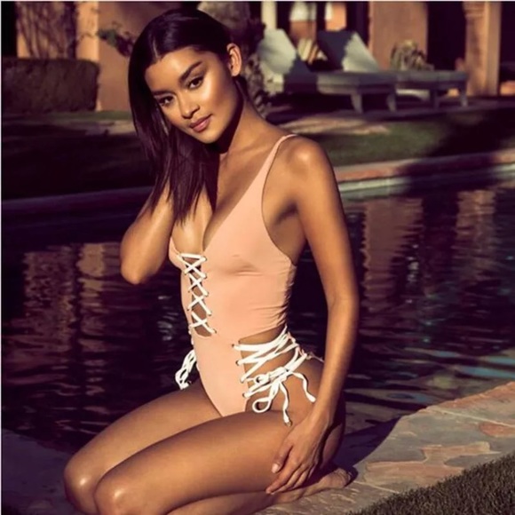 Peach lace up one piece swim high leg - Picture 1 of 4