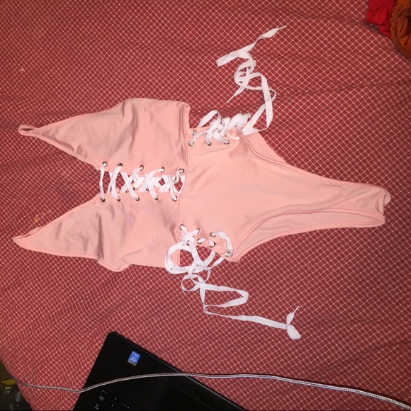 Peach lace up one piece swim high leg - Picture 2 of 4