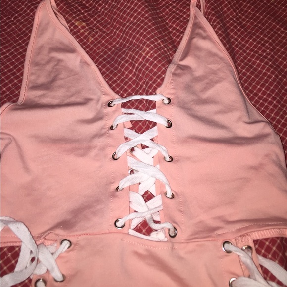 Peach lace up one piece swim high leg - Picture 3 of 4