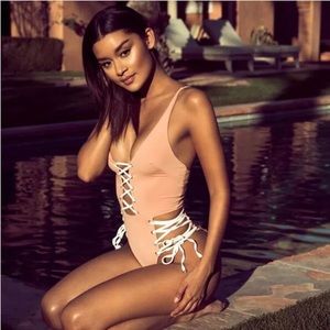 Peach lace up one piece swim high leg