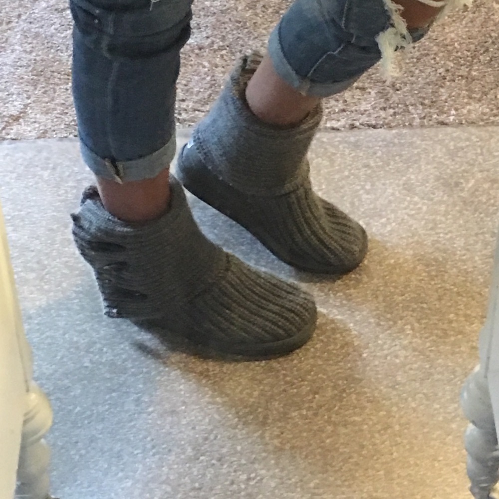 Gray slouchy bearpaw sweater knit boots
