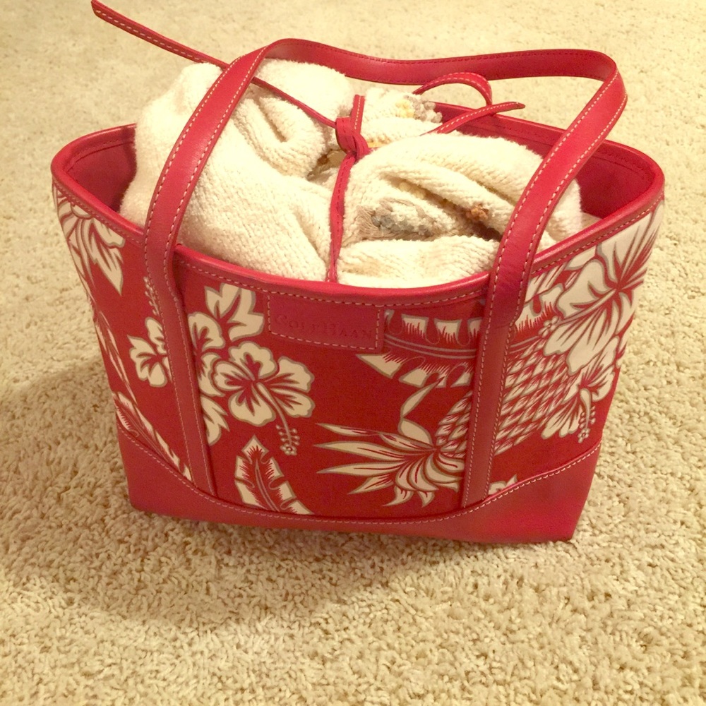 Hawaiian print cole haan red bucket bag