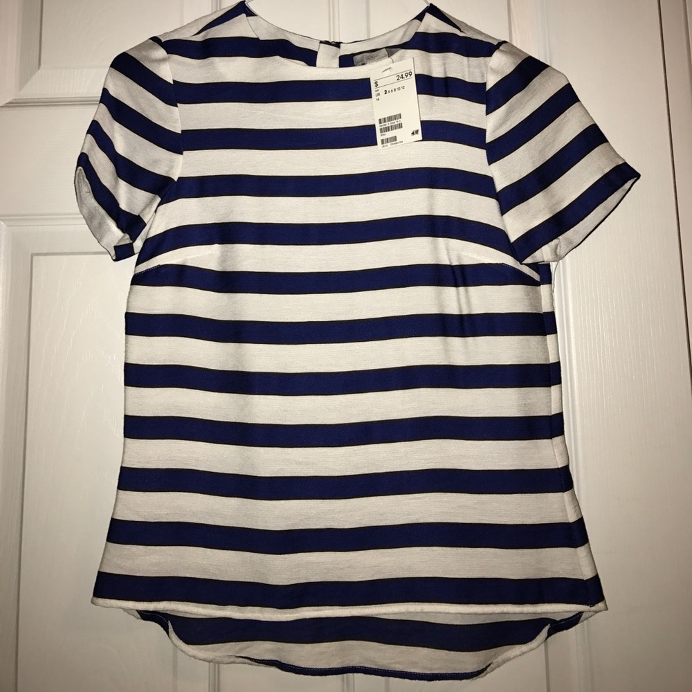 Blue, black and white stripped blouse top