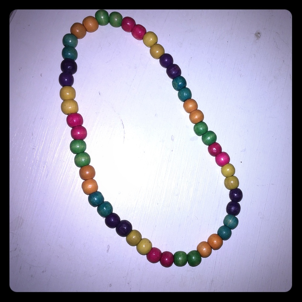 Retro Colorful Rainbow Wood Beaded Necklace OS