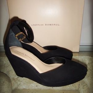 NEW BOX Loeffler Randall black suede wedges 7.5