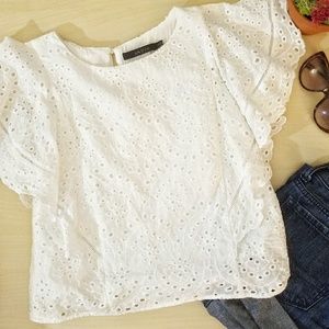 SALE ark&co. White Eyelet Ruffle Sleeve Top S