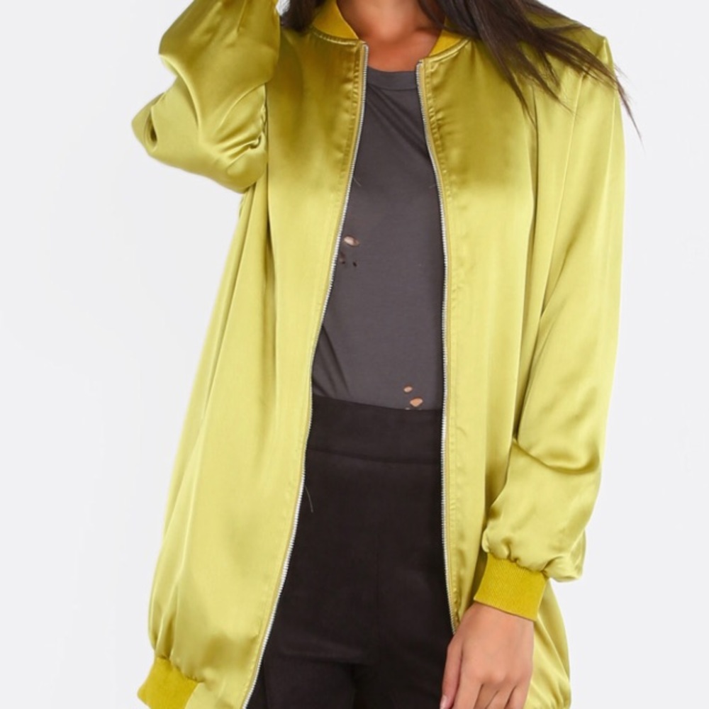 Mustard Yellow Zip Up Long Satin Bomber Jacket