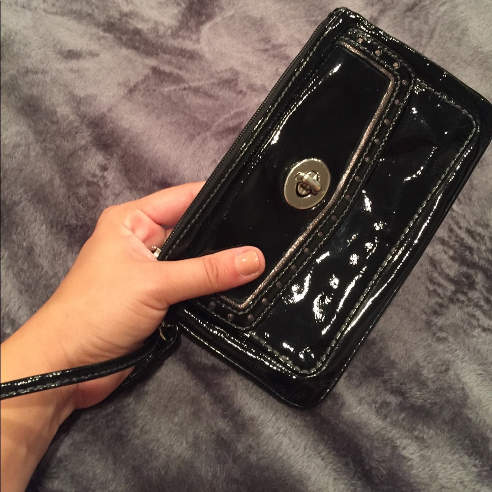 COACH black paten-leather zip wristlet