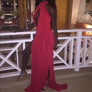 Red halter double split maxi dress