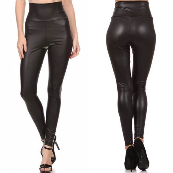 Black High Waisted Vegan Leather Leggings - Picture 2 of 2