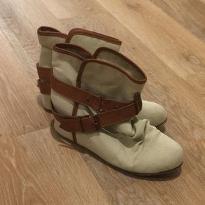 Tan Wedge Booties with Straps and Buckles