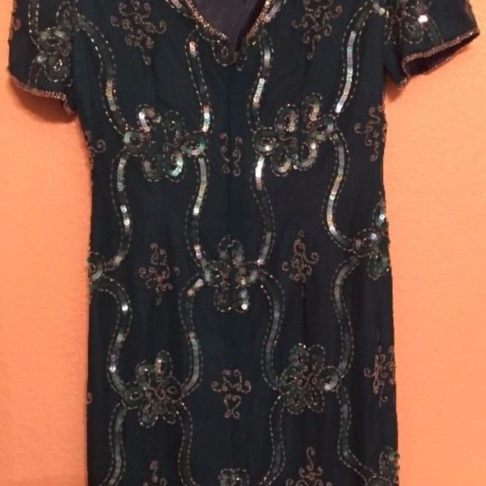 Robert-Anthony-Pure-Silk-Teal-Sequin-Bead Dress
