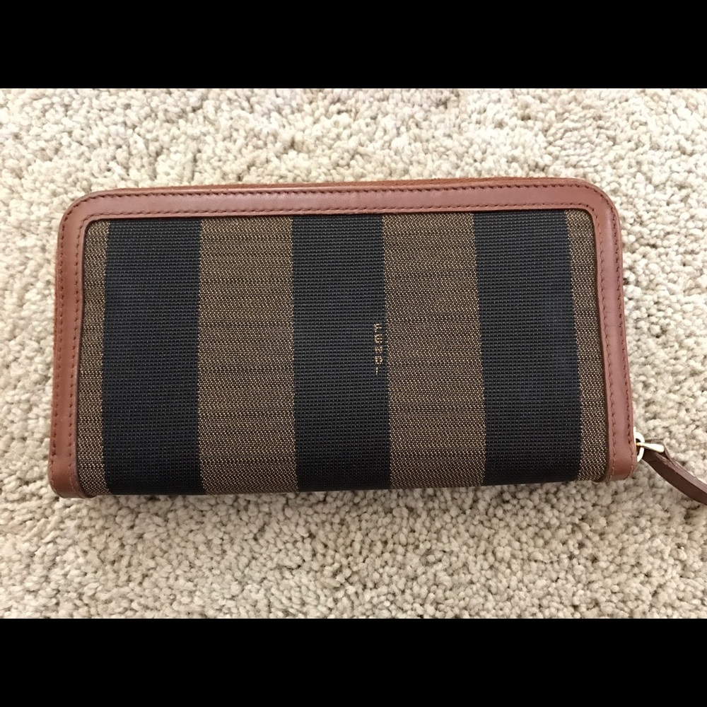 Fendi pequin stripe zip-around wallet w/ tan trim