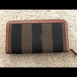 Fendi pequin stripe zip-around wallet w/ tan trim