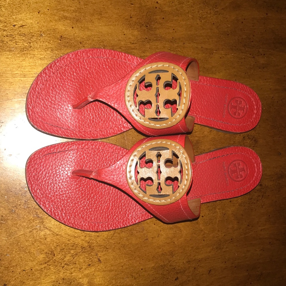 Tory Burch Red & brown leather Louisa Thong Sandal