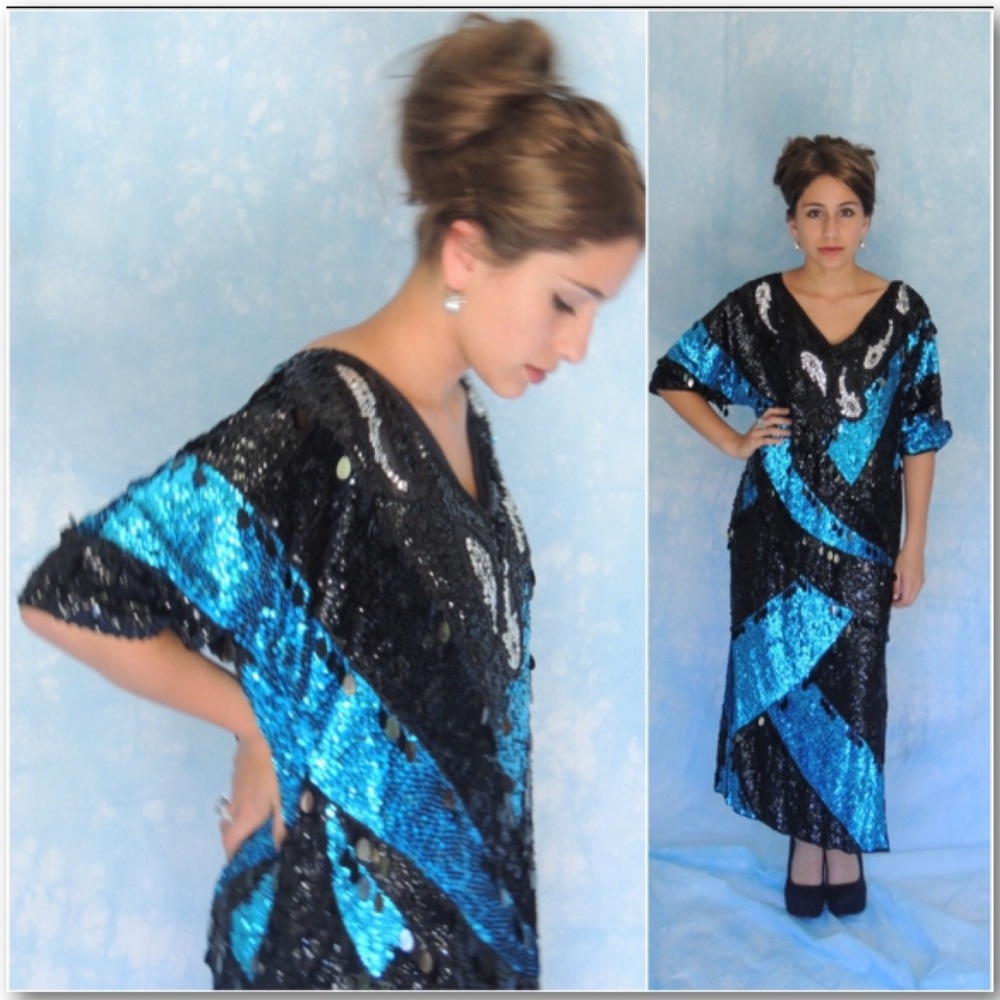 Vintage Turquoise Black & Silver Sequin Maxi Dress