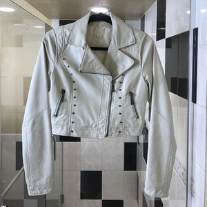 White Faux Leather Cropped Biker Jacket S