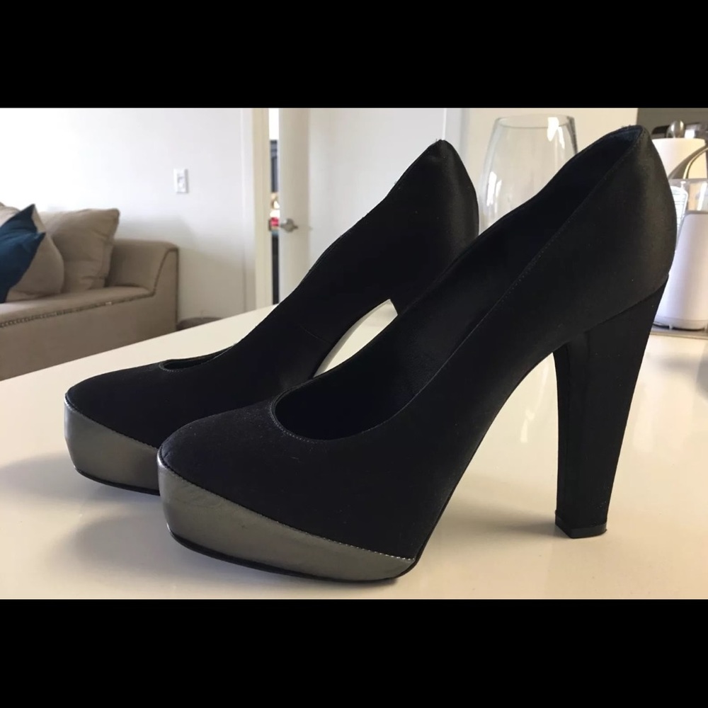 NINA RICCI Black Satin Platform Evening Pumps