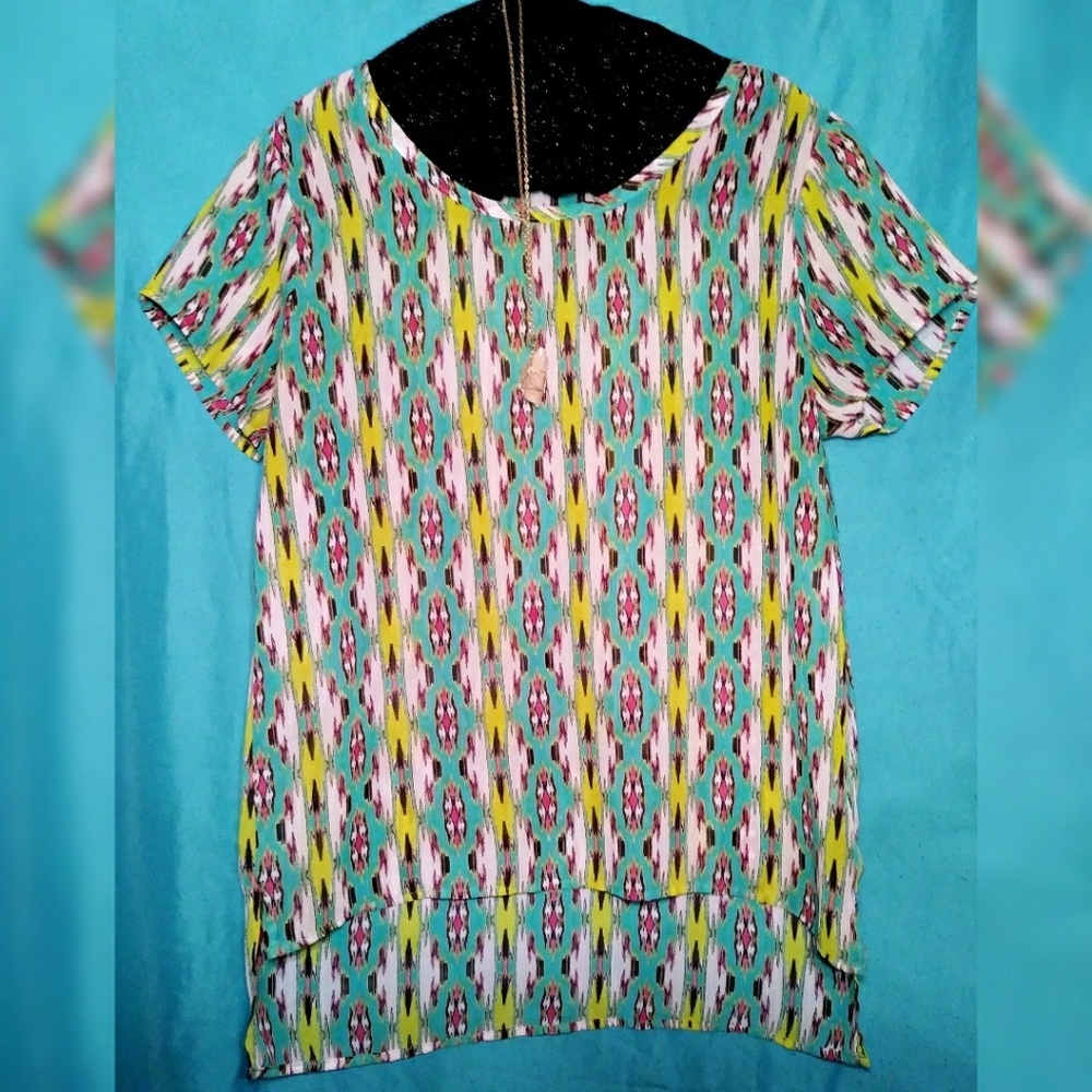 Lily White sheer aztec blouse green teal pink