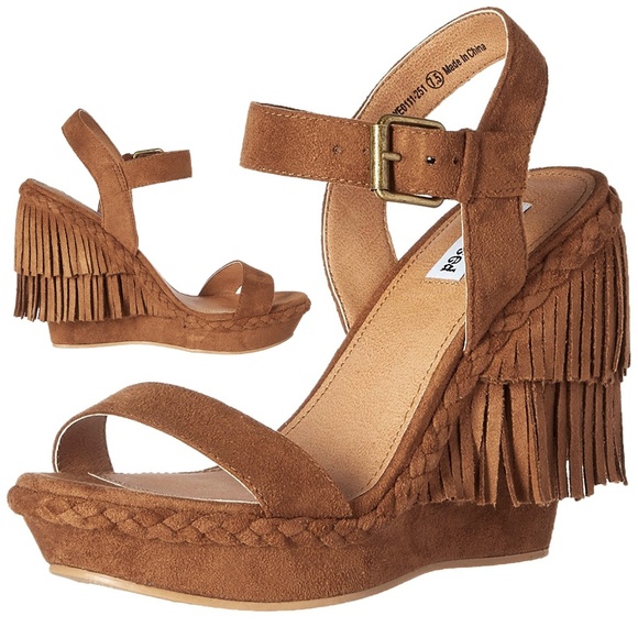 Not Rated Shoes - Micro Suede Fringe Wedge Sandal Tan NIB