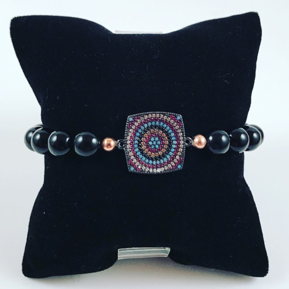 Genuine onyx micro pave cz evil eye bead bracelet - Picture 2 of 9