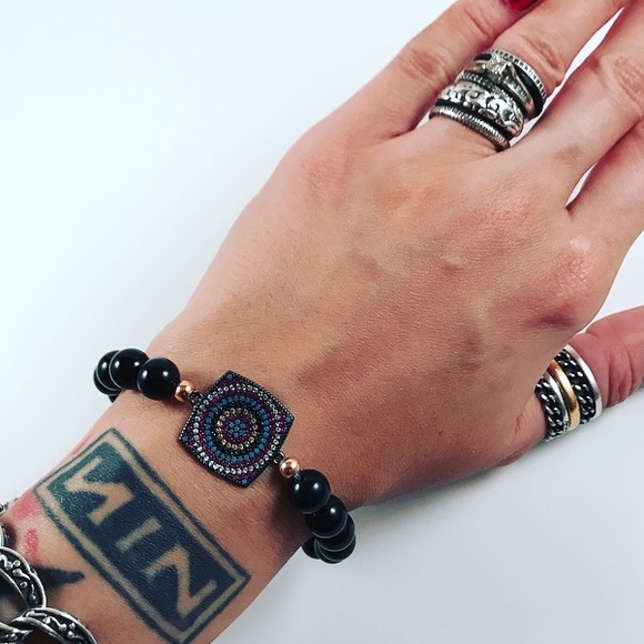 Genuine onyx micro pave cz evil eye bead bracelet - Picture 7 of 9