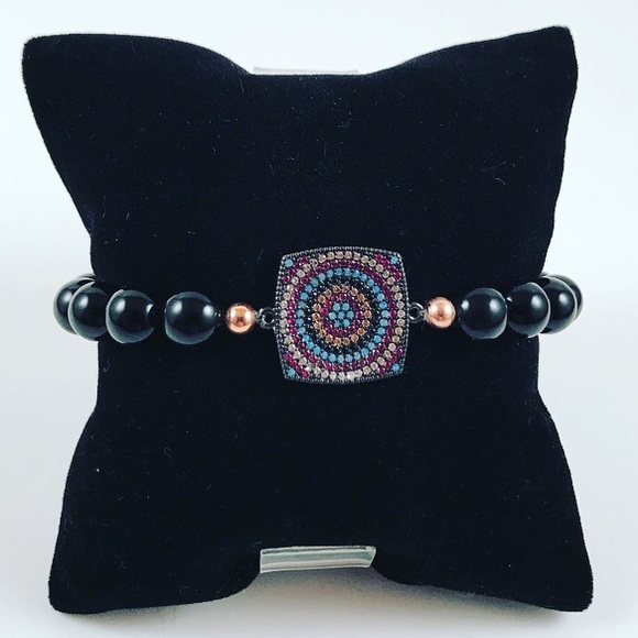 Genuine onyx micro pave cz evil eye bead bracelet - Picture 2 of 9